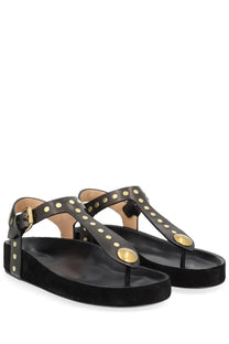 Isabel Marant women’s black suede thong sandals with gold-tone studs and adjustable buckle closure