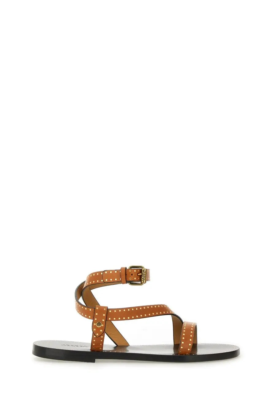 Isabel Marant women’s tan leather strappy sandal brown with gold-tone studs and buckle detail