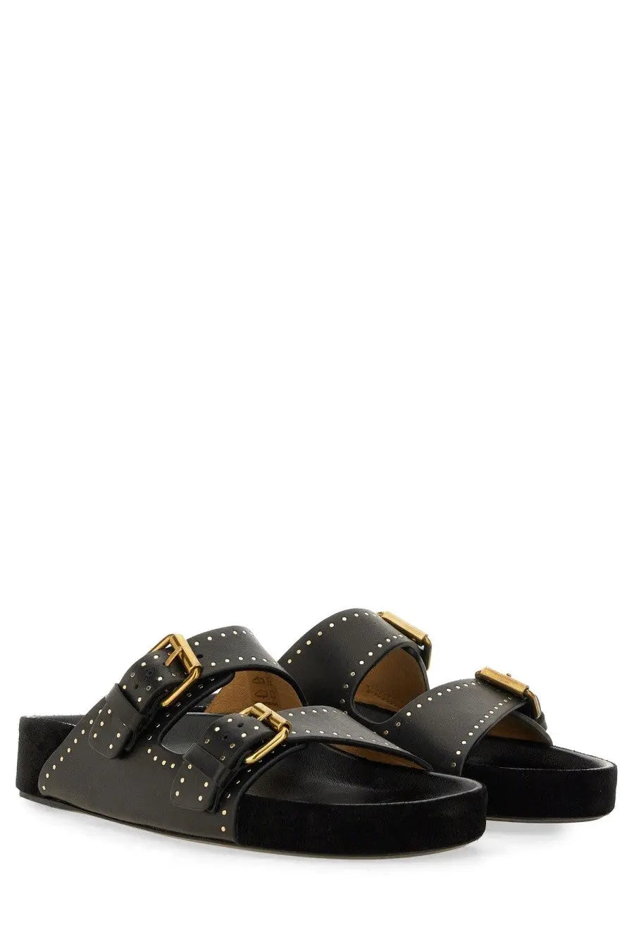 Isabel Marant women’s sandal lennyo black leather with gold-tone buckles and white stud detailing visible from front