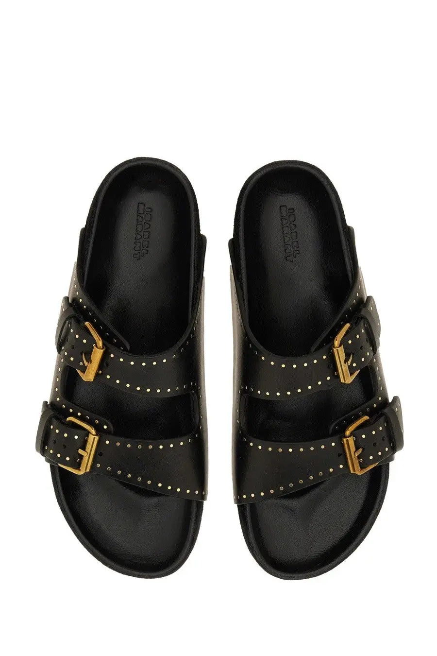 Isabel Marant women’s black leather sandals with gold-tone buckles and stud detailing