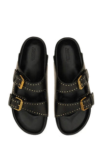 Isabel Marant women’s black leather sandals with gold-tone buckles and stud detailing