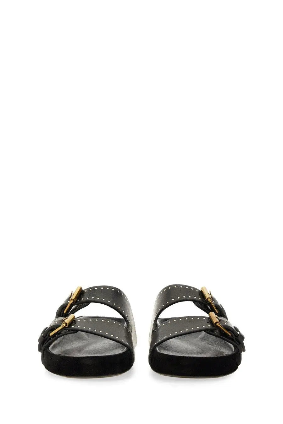 Isabel Marant women’s black leather sandals with gold-tone buckles and stud detailing