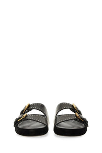 Isabel Marant women’s black leather sandals with gold-tone buckles and stud detailing