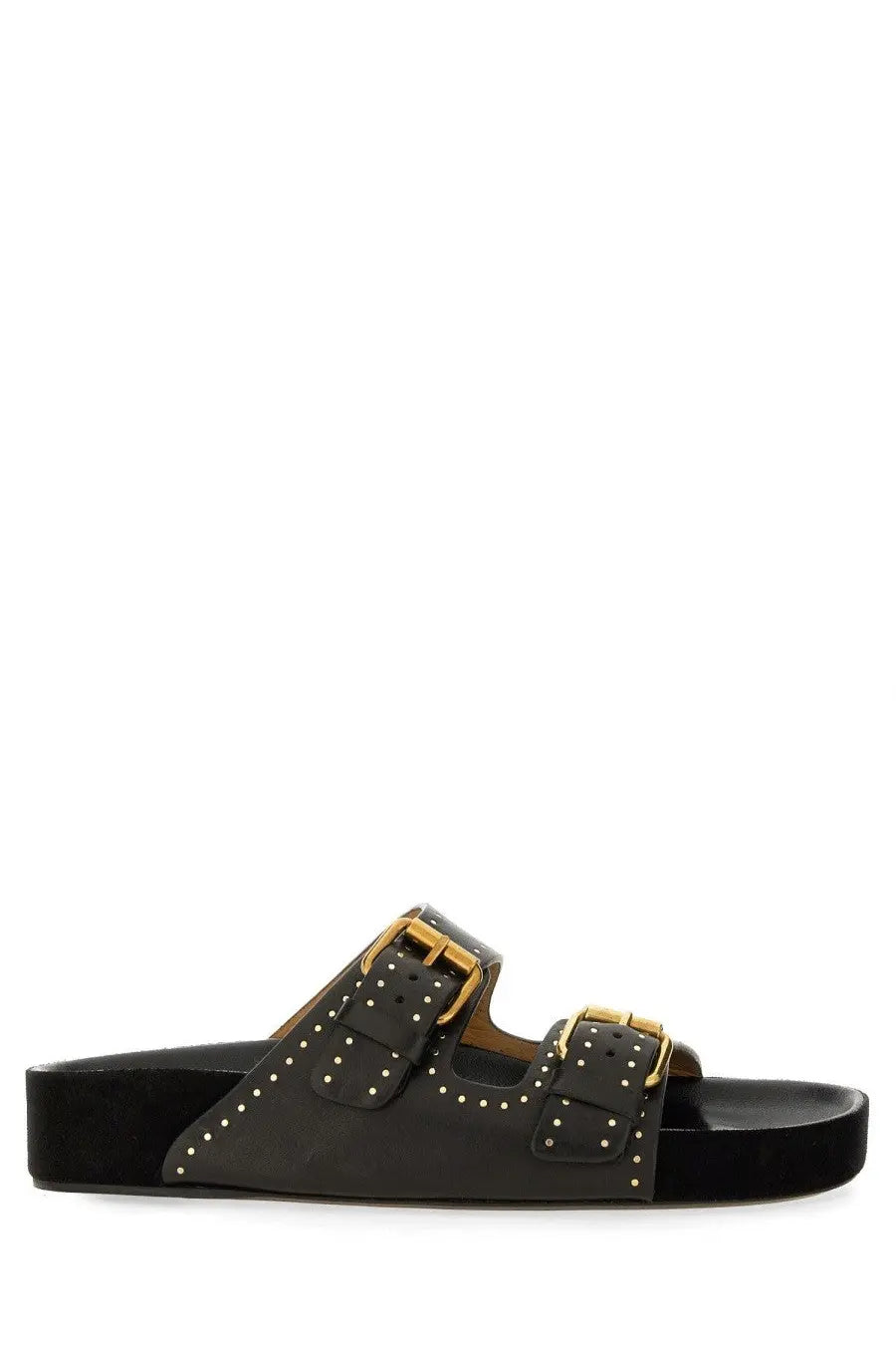 Isabel Marant women’s black leather slide sandals with gold-tone buckles and white stud detailing
