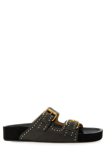 Isabel Marant women’s black leather slide sandals with gold-tone buckles and white stud detailing