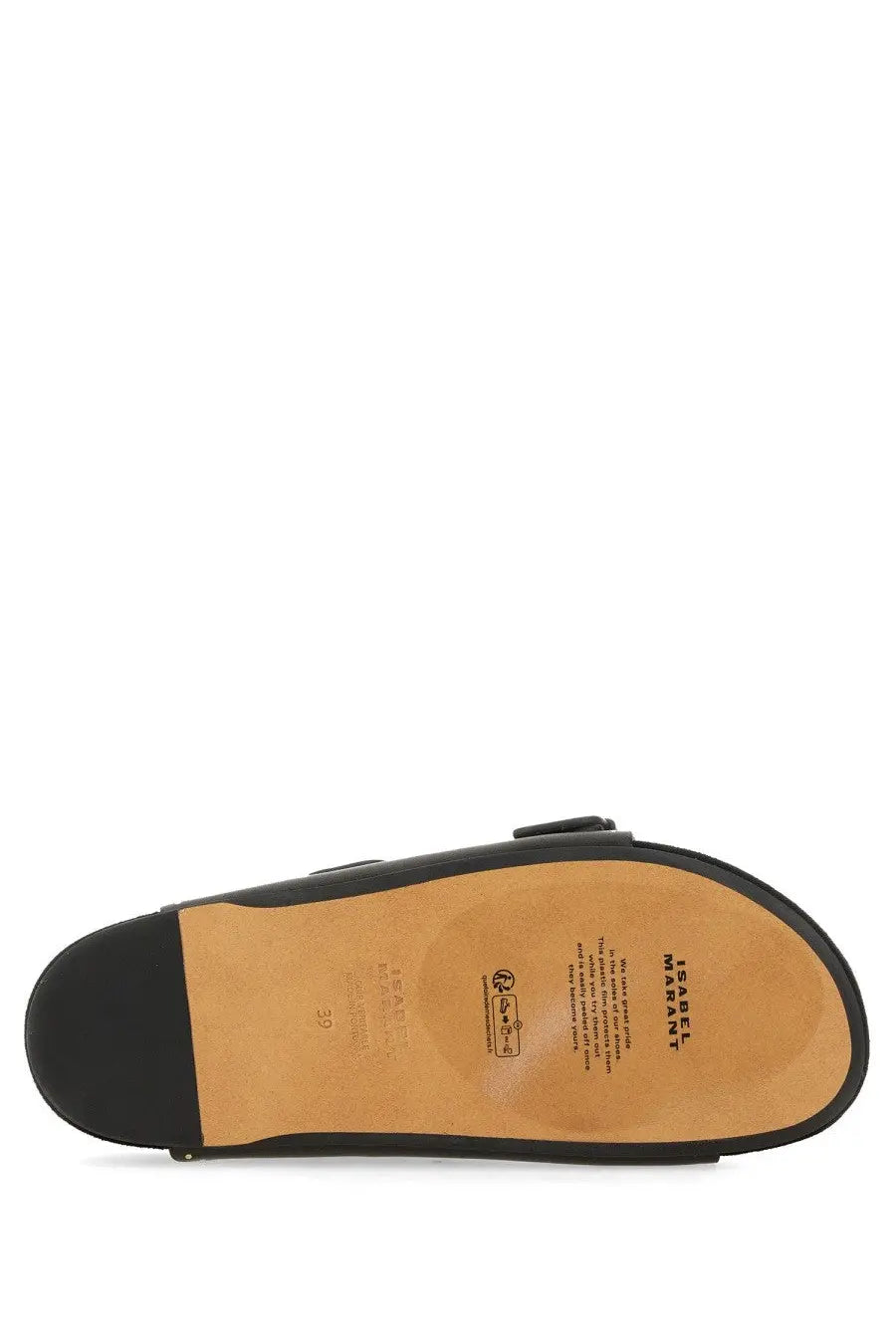 Isabel Marant women’s black leather slide sandal with tan insole featuring brand name and size details