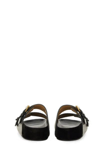 Isabel Marant women’s black velvet slide sandals with gold-tone buckle details for stylish casual wear