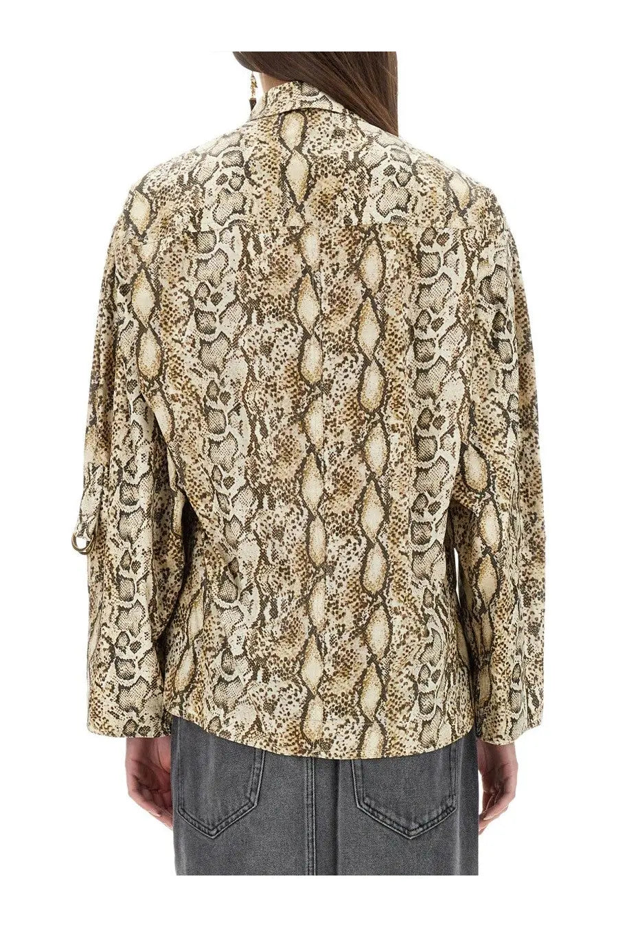 Isabel Marant women’s beige and brown snake-skin patterned blouse with classic collar and rolled-up sleeves