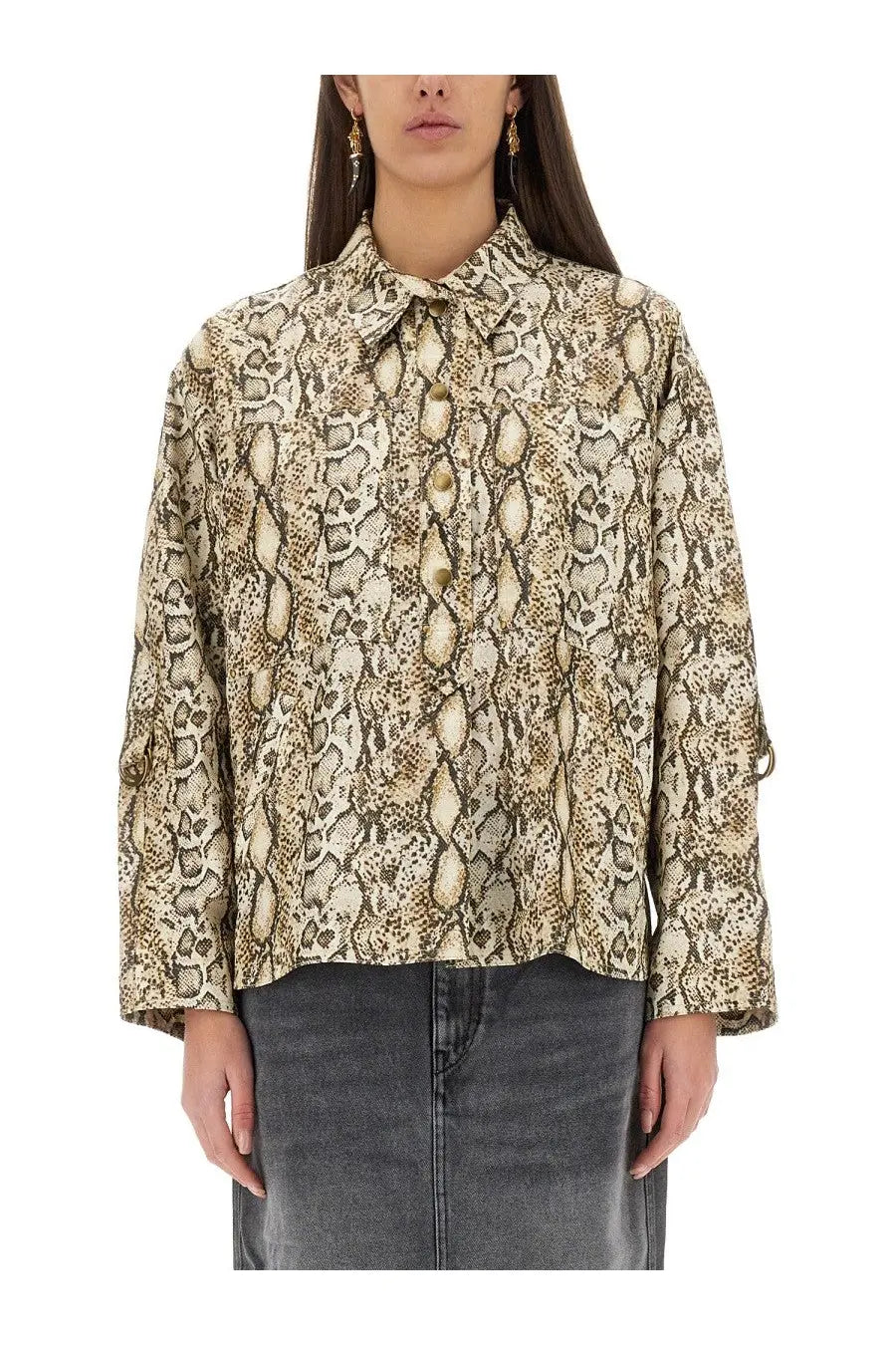 Isabel Marant women’s beige and brown snakeskin pattern blouse with collar button front and bell sleeves