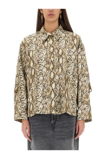 Isabel Marant women’s beige and brown snakeskin pattern blouse with collar button front and bell sleeves