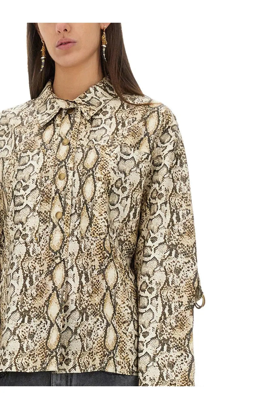 Isabel Marant women’s beige and brown snakeskin-patterned button-up shirt with collar in Florida multicolor design