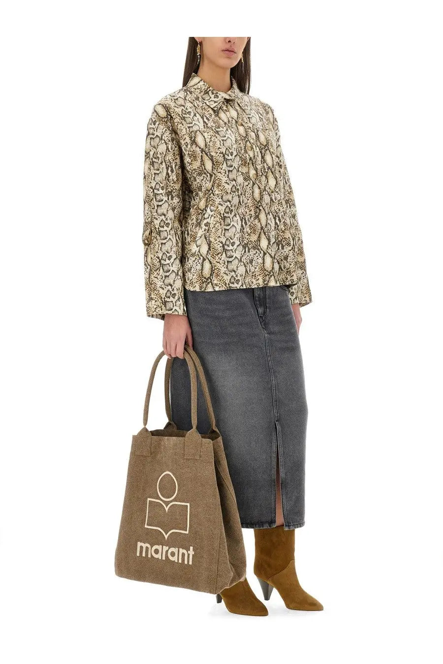 Brown canvas tote bag with white embroidered logo and book design shown with isabel marant women’s shirt florida multicolor