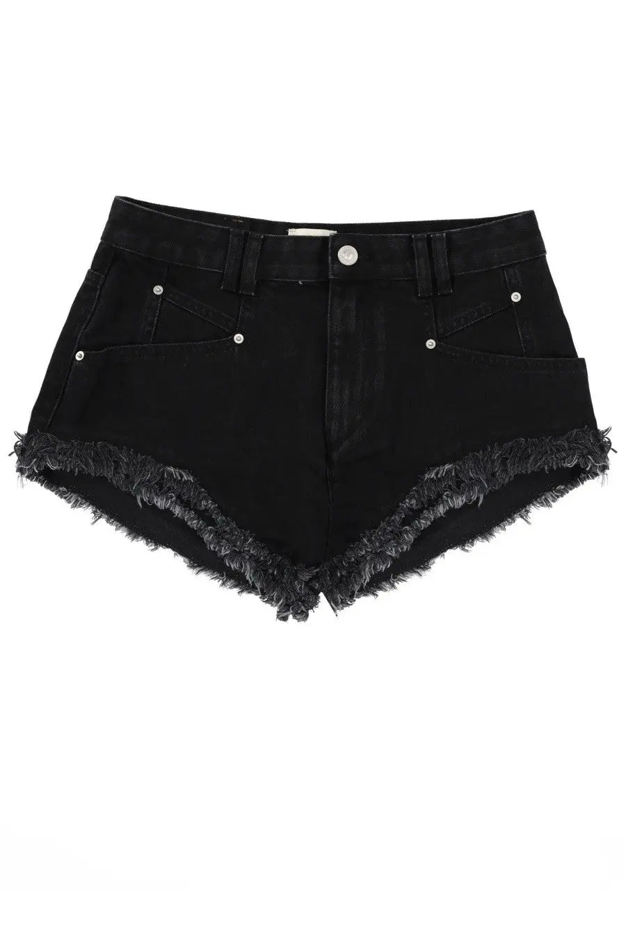 Isabel Marant women’s black denim shorts with frayed hem and silver button closures