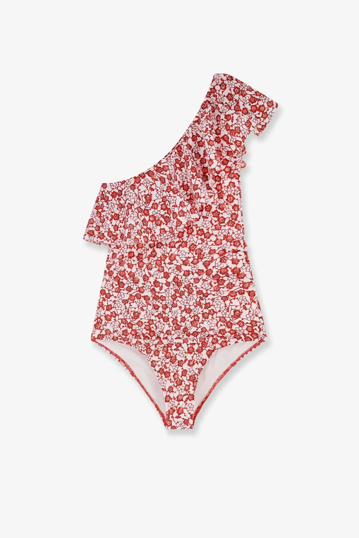 Isabel Marant women’s Sicilya one piece swimsuit in red with white floral print and ruffled one shoulder detail