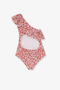Isabel Marant women’s Sicilya red one piece swimsuit with red and white floral print and ruffled one-shoulder design