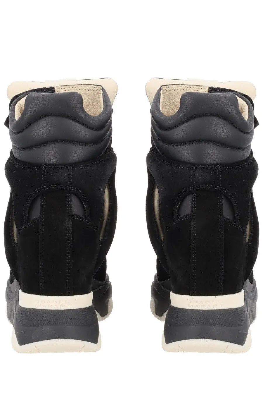 Isabel Marant women’s black high-top sneakers in suede and leather with cream accents on heel collar midsole and outsole
