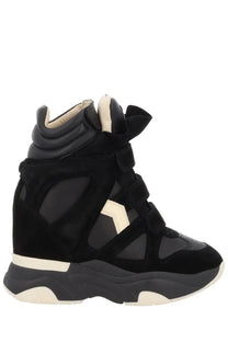 Isabel Marant women’s black suede and mesh wedge sneaker with cream accents chunky sole and velcro straps