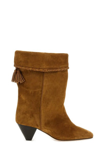 Tan suede ankle boot with black block heel and braided tassel cuff from Isabel Marant womens Stivale Dalby Brown