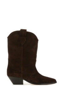 Isabel Marant women’s stivale duerto brown suede cowboy boot back view with black block heel and stitched leather strap