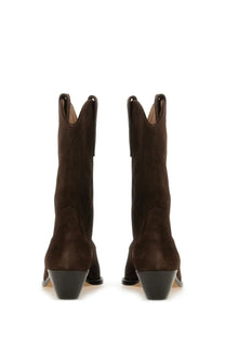 Isabel Marant women’s stivale duerto brown suede cowboy boots with black stacked heels showing the back side