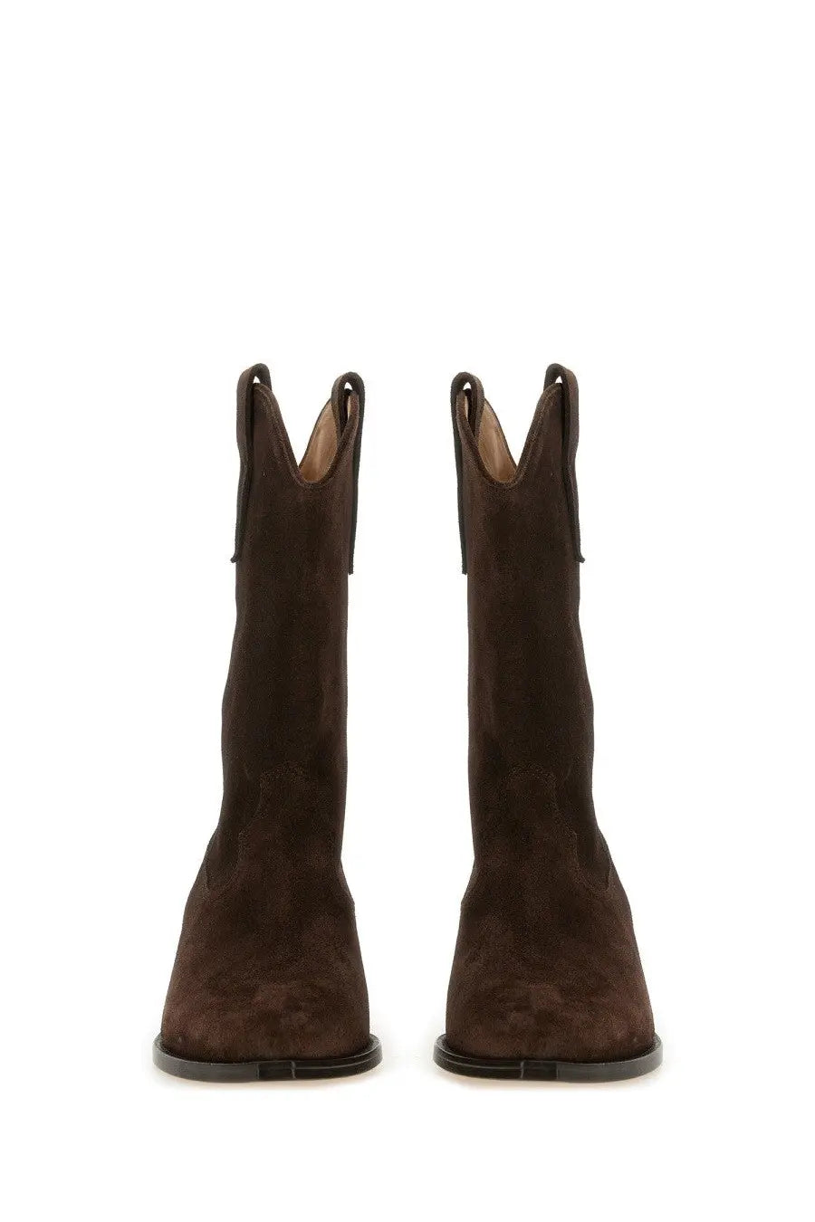 Isabel Marant women’s Stivale Duerto brown suede cowboy boots with sleek minimalist design and black rubber soles