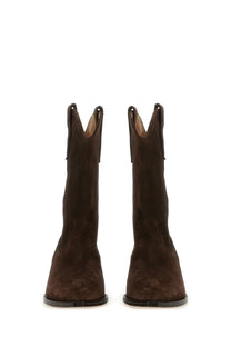 Isabel Marant women’s Stivale Duerto brown suede cowboy boots with sleek minimalist design and black rubber soles