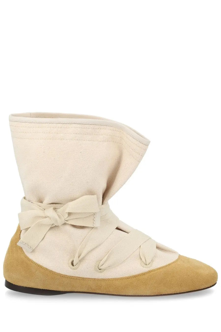 Beige canvas Isabel Marant women’s Stivale Letiz boot with suede toe and ankle bow