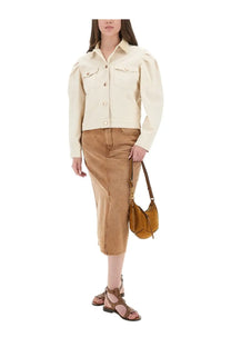 Cream-colored denim jacket with puff sleeves and front button closure shown with isabel marant women’s tilauria brown skirt