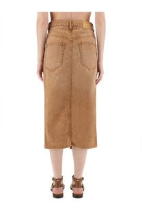 Isabel marant women’s tilauria brown tan denim midi skirt back side with pockets and belt loop waistband