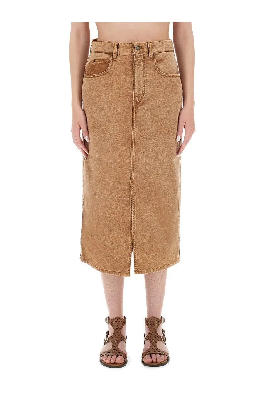 Isabel Marant women’s tilauria skirt brown tan denim midi skirt with front zipper and two side pockets