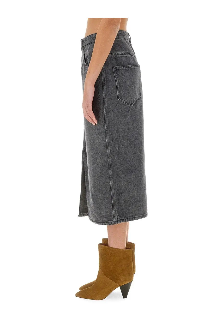 Isabel Marant women’s Tilauria dark gray high-waisted denim midi skirt with straight cut and side slit