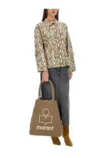 Tan canvas tote bag with white embroidered marant logo shown with isabel marant womens tilauria skirt grey product