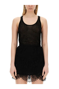 Isabel Marant women’s black lace-trimmed mini dress with sheer textured bodice and solid skirt front view