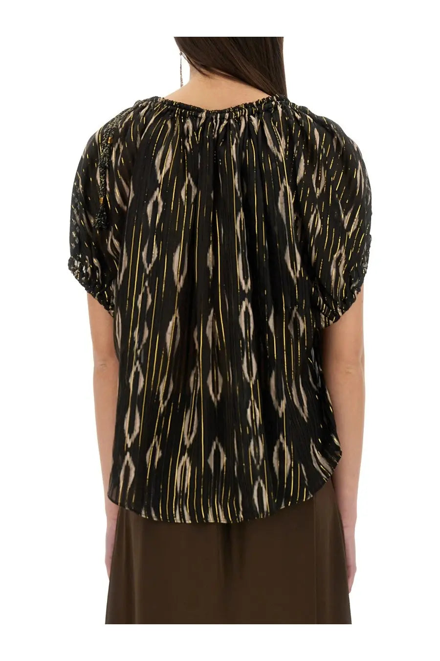 Isabel Marant women’s black and beige ikat patterned blouse with gold thread accents and lightweight fabric