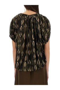Isabel Marant women’s black and beige ikat patterned blouse with gold thread accents and lightweight fabric
