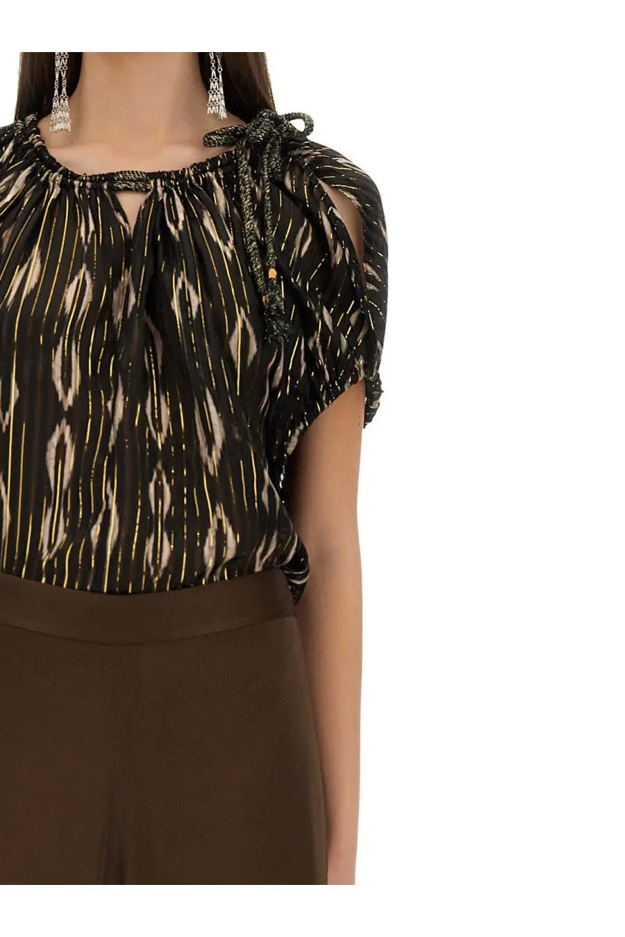 Isabel Marant women’s black blouse with gold ikat pattern and sheer ruffled sleeves tied at the shoulder
