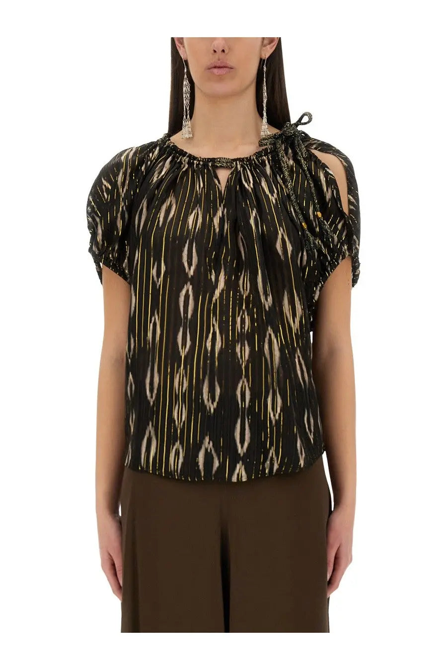 Isabel Marant women’s black blouse with gold ikat pattern short puffed sleeves and tied neckline