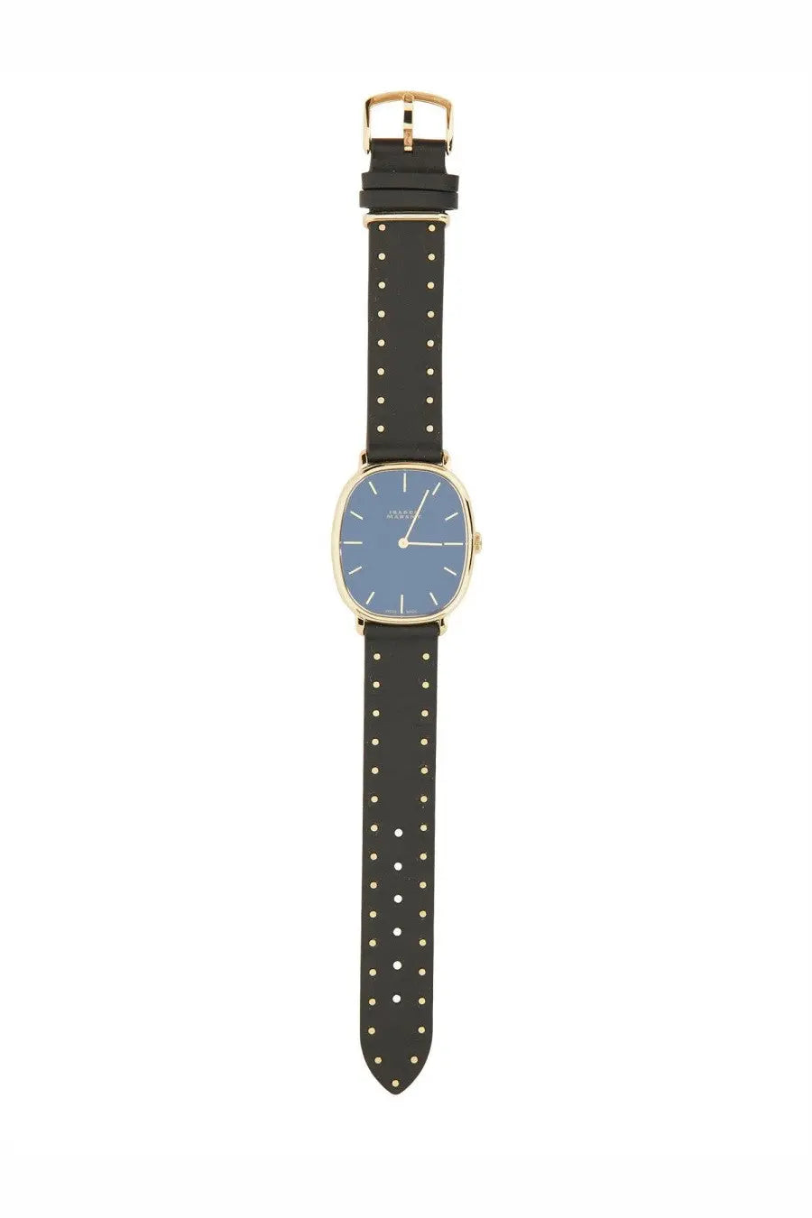 Isabel Marant women’s watch with black studded leather strap gold-tone case and blue dial oval multicolor design