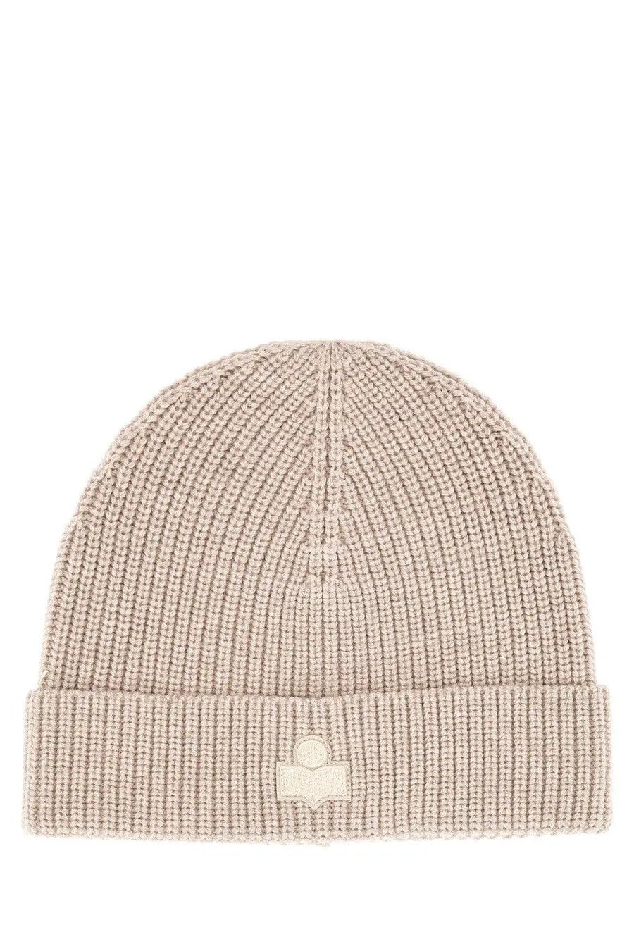 Isabel marant women’s wool hat beige ribbed knit beanie with small embroidered logo on folded brim