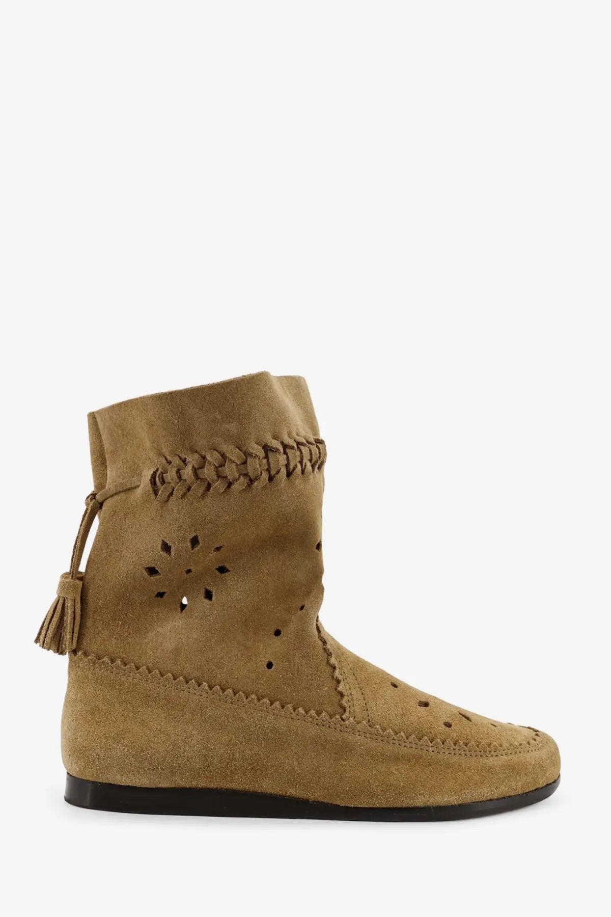 Isabel Marant women’s Woosta beige suede ankle boot with braided leather detailing and decorative tassel