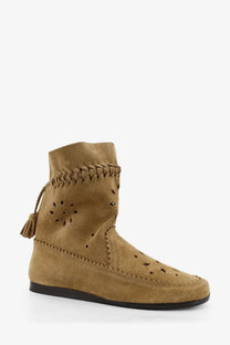 Isabel Marant women’s woosta beige suede moccasin boot with decorative stitching perforated stars and fringed ankle tassel