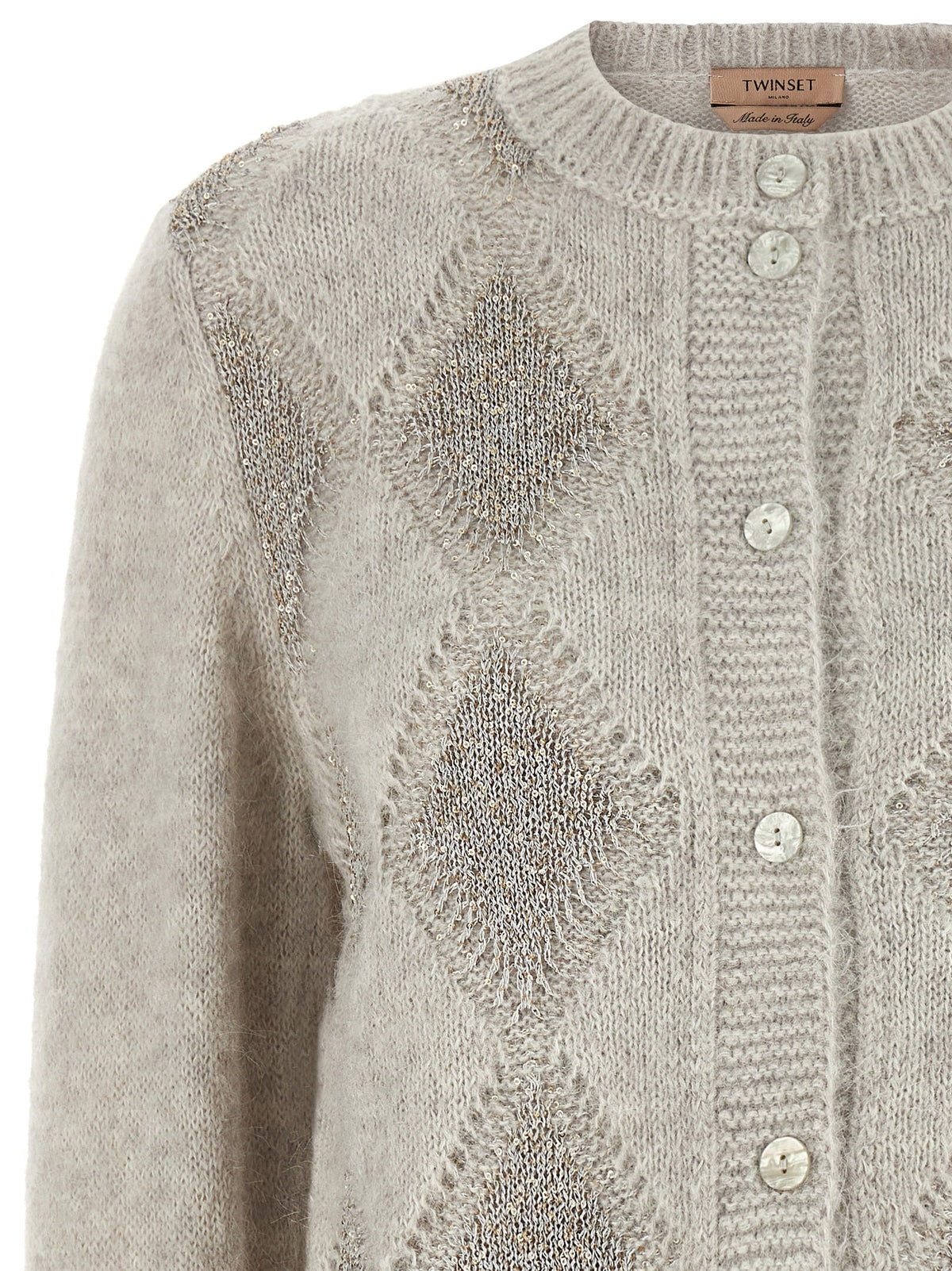 TWINSET Jacquard Diamond Cardigan Grey, view 3