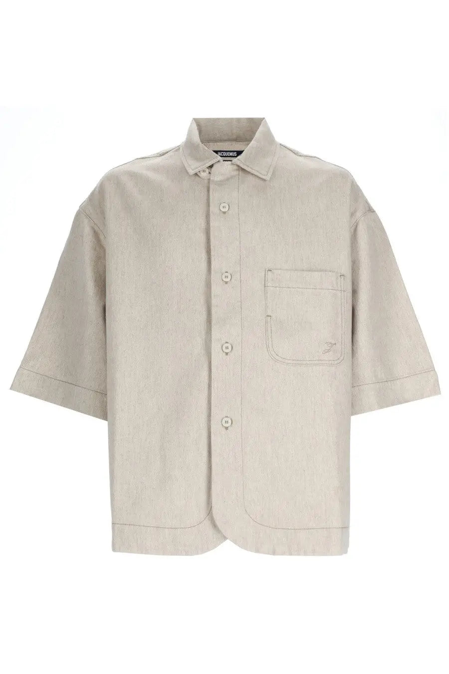 Jacquemus men’s camicia paysan de nime in denim beige short-sleeved button-up shirt with textured fabric and chest pocket