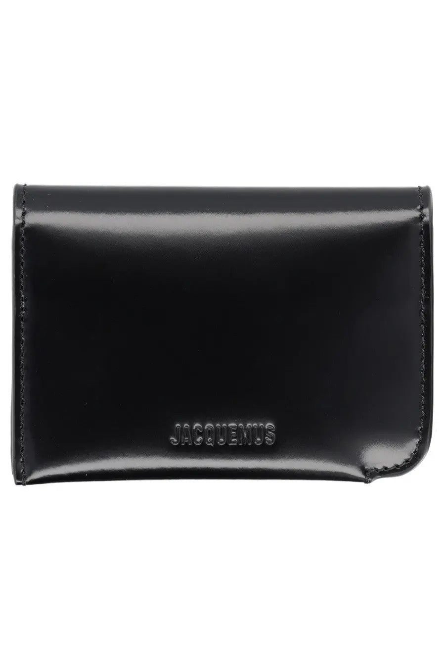 Black patent leather jacquemus men’s curved card case embossed with jacquenus logo
