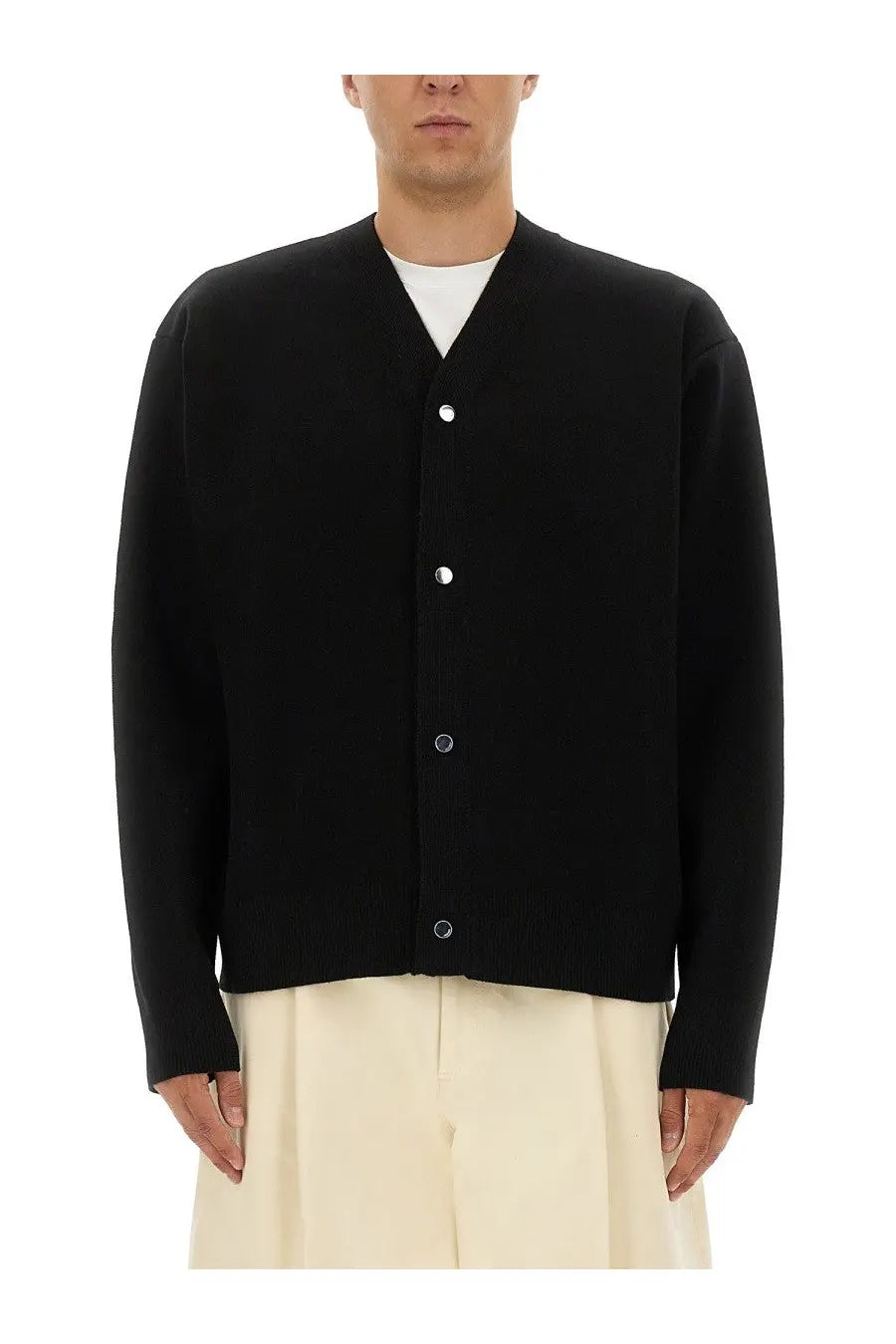 Jacquemus men’s black double cardigan knit with silver buttons for stylish layering and warmth