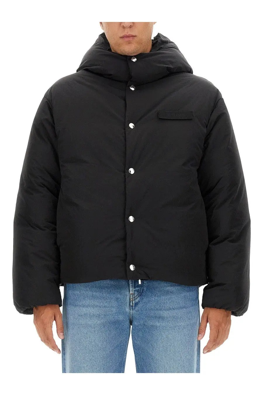 Jacquemus men’s black down jacket la doudoune with hood silver buttons and single chest pocket in puffer style