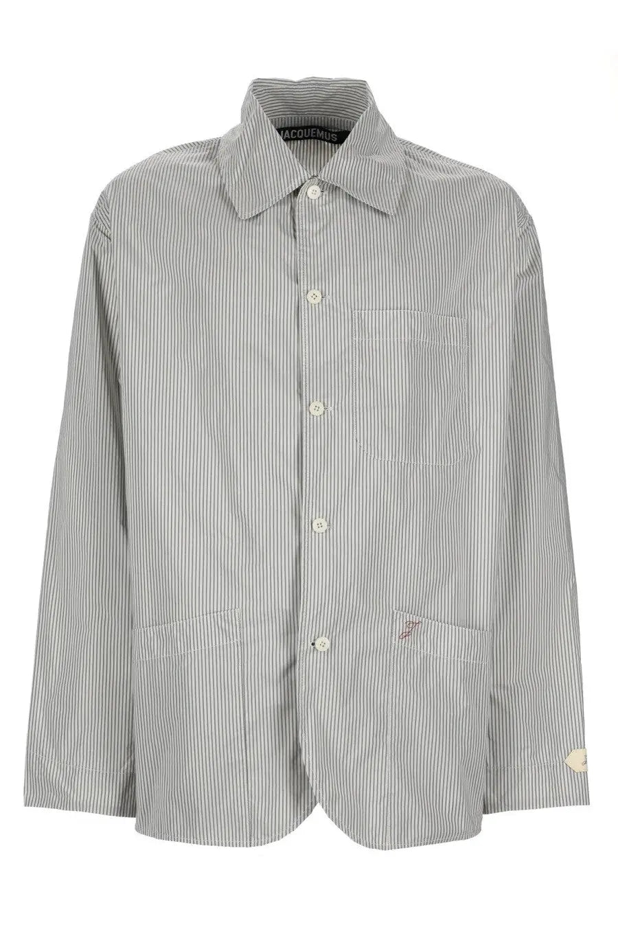 Jacquemus men’s giacca la veste boutis white gray and white striped button-up shirt with collar and chest and lower pockets