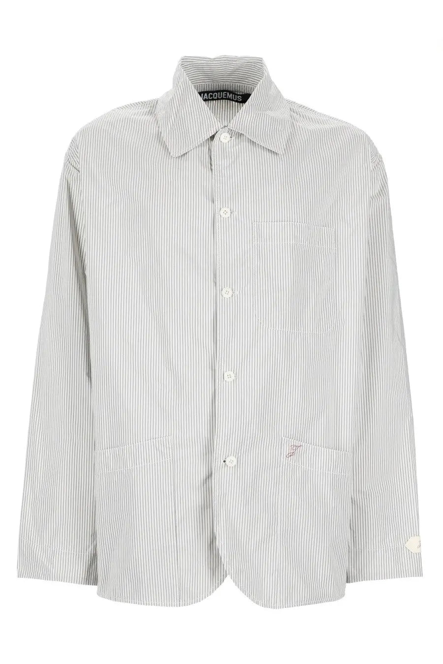 Jacquemus men’s giacca la veste boutis white loose-fitting long-sleeve button-up shirt in light gray and white stripes