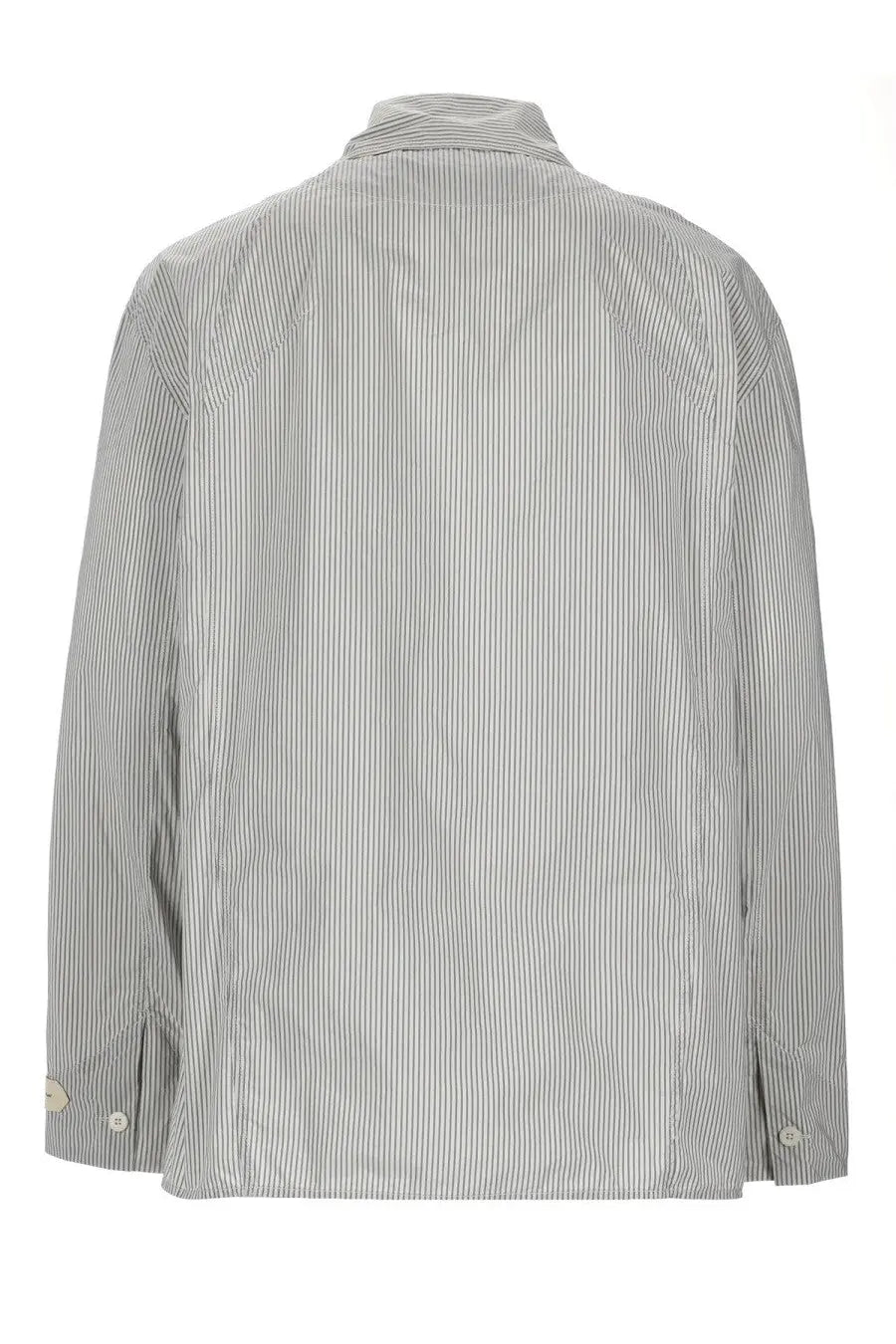 Jacquemus men’s giacca la veste boutis white relaxed fit long sleeve button up shirt with gray white pinstripe