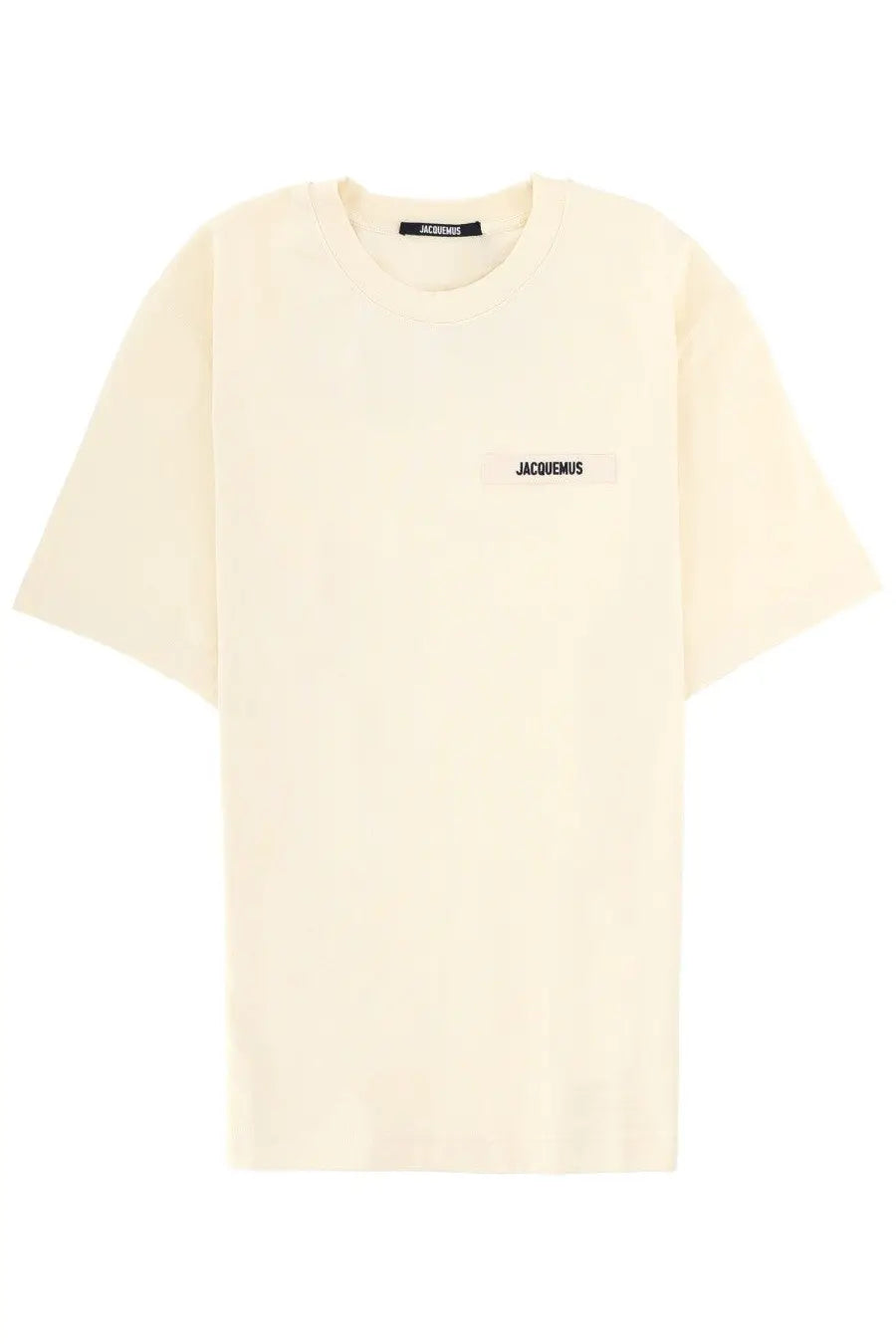 Jacquemus men’s beige oversized cotton t shirt with minimalist black logo patch and matching neckline label